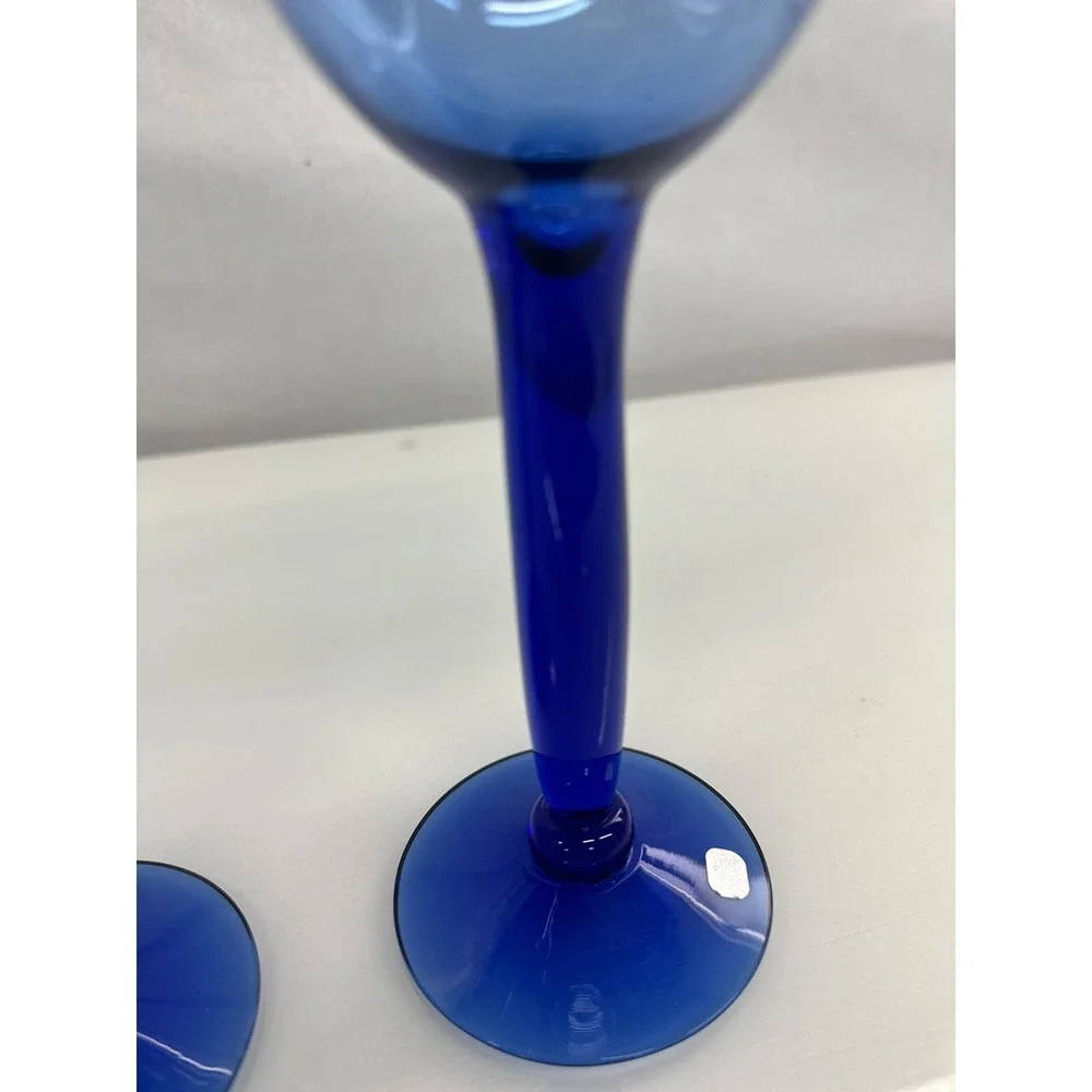 Set of 2 HAND Blown Cobalt Blue Stemmed Wine Water Glass / Goblets - 8 7/8